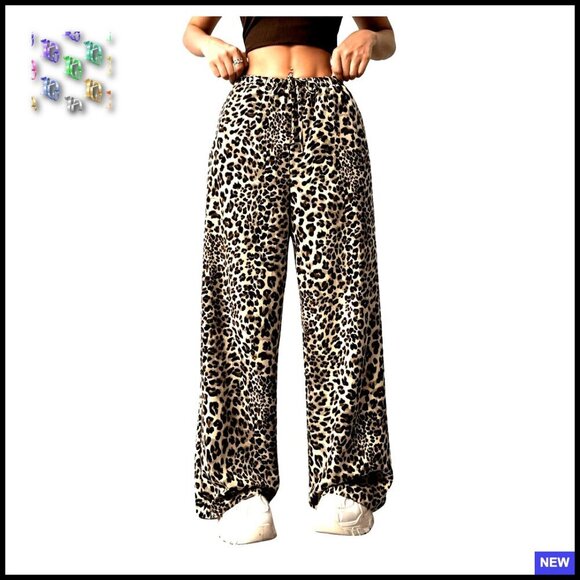 Pants - Leopard Print Wide Leg Trousers Drawstring Waist Tie Front Chic Casual